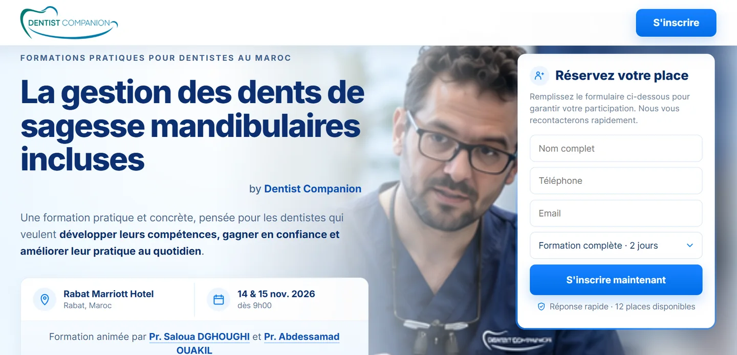 Dentist Companion, page d'accueil de la formation